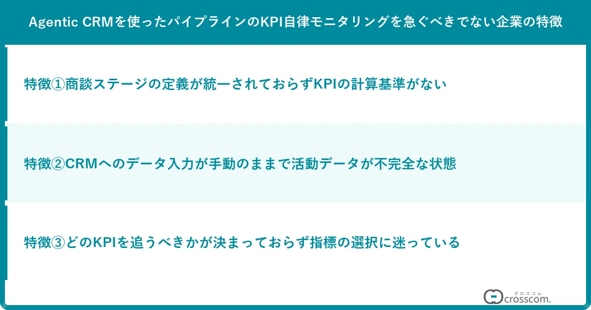 Agentic CRMを使ったパイプラインのKPI自律モニタリングを急ぐべきでない企業の特徴